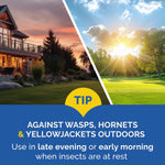 Split image of a house at dusk and a sunny park with a 'TIP' badge recommending use against wasps, hornets and yellowjackets outdoors
