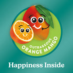 Graphic badge showing smiling illustrated orange and mango with text Outrageous Orange Mango and caption Happiness Inside on a teal background.