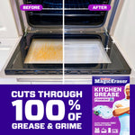 Before-and-after split image of an oven door showing heavy grease on left and a clean surface on right with a Magic Eraser pack inset