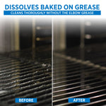 Before-and-after close-up of oven or grill grates showing heavy baked-on grease removed after cleaning.