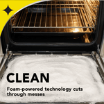 Open oven interior with foamy cleaner on the door and text highlighting foam-powered technology