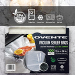 Close-up of Ovente vacuum sealer packaging showing BPA free and safe-for-icons with a sample bag overlay