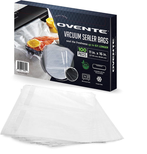 Box of Ovente vacuum sealer bags with stacked clear textured precut bags fanned in front