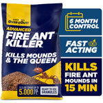 Bag of Over 'N Out Advanced Fire Ant Killer granules with product name, ant illustration and promotional callouts