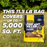 Over 'N Out Advanced Fire Ant Killer 11.5 lb bag photographed standing on grass with large coverage text overlay