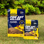 Two sizes of Over 'N Out Advanced Fire Ant Killer bags displayed on lawn with greenery background