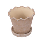 Overhead view of a brown, scalloped-edge ceramic planter seated in its matching saucer.