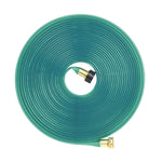 Overhead view of a tightly coiled flat green garden hose with visible brass connectors at center and edge