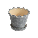 Gray ceramic planter with scalloped rim and matching saucer photographed from above
