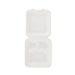 Overhead view of an open white compostable hinged container showing three interior compartments