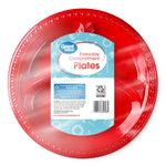 Overhead view of a red compartment plate wrapped in clear plastic showing the product label and barcode