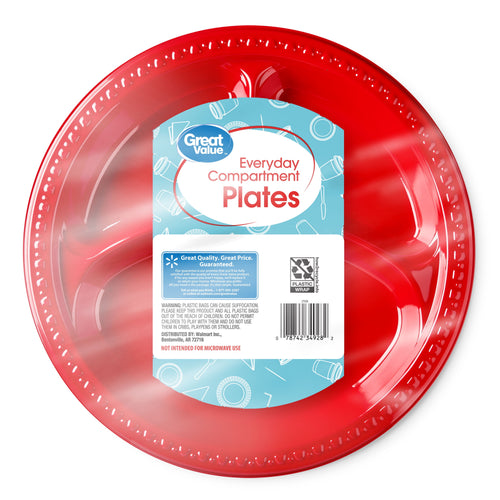 Overhead view of a red compartment plate wrapped in clear plastic showing the product label and barcode