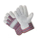 Overlapping leather palm work gloves laid flat showing suede palms and striped fabric cuffs with reinforced thumb