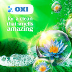 Green graphic with OXI logo, bubbles and a waterlily inside a soap-like bubble with text 'for a clean that smells amazing'