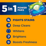 Graphic panel with a three-color laundry pak and icons listing 5-in-1 benefits like fights stains and brightens