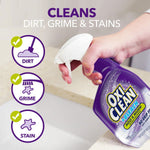 Hand holding a purple OxiClean spray bottle over a sink with icons for dirt, grime and stain