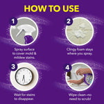 Step-by-step 'How to use' infographic showing spray, clingy foam, wait, and wipe instructions