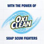 Graphic OxiClean swirl logo over tiled background with headline 'WITH THE POWER OF' and 'SOAP SCUM FIGHTERS'