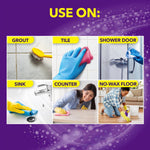 Infographic grid showing surfaces to use OxiClean: grout, tile, shower door, sink, counter, floor