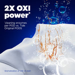 Graphic of a stained white fabric being cleaned with bubbles and text claiming 2X OXI power on a blue background