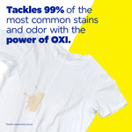 Graphic showing a white T-shirt with a stain split by a cleaning effect and text about tackling 99% of common stains with the power of OXI