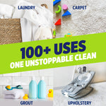 Four-photo collage showing laundry, carpet, grout and upholstery use cases with bold text stating 100+ uses