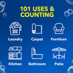 Blue panel infographic listing '101 uses & counting' with white icons for laundry, carpet, furniture, kitchen, bathroom and patio