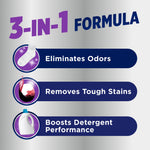 Informational graphic listing three benefits: eliminates odors, removes tough stains, boosts detergent performance
