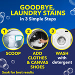 Step-by-step infographic 'Goodbye, Laundry Stains in 3 Simple Steps' showing scooping powder, adding clothes, and washing with detergent