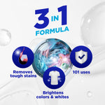 3-in-1 formula infographic showing washing machine drum and icons for removes stains, brightens colors and 101 uses