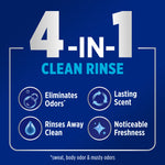 Blue infographic reading 4-in-1 Clean Rinse with icons and text describing odor elimination, lasting scent and freshness