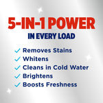 Graphic listing '5-IN-1 POWER' with checkmarked benefits like removes stains, whitens, cleans in cold water