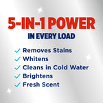 Infographic reading '5-in-1 power in every load' with checklist of removes stains, whitens, cleans in cold water, brightens, fresh scent