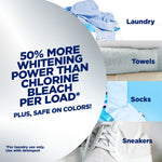 Promotional panel stating ‘50% more whitening power than chlorine bleach per load’ with images of towels, socks and sneakers