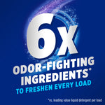 Promotional graphic stating 6x odor-fighting ingredients with dynamic bubble and sparkle visuals on a blue background