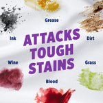 Infographic with stain swatches (ink, grease, dirt, wine, blood, grass) and bold 'Attacks Tough Stains' headline