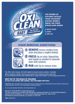 Back panel of OxiClean Baby on-the-go stain remover showing stain removal directions, usage icons and ingredient details.