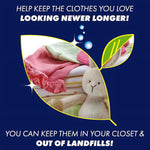 Folded baby clothes and a plush toy shown inside a stylized leaf graphic with a message about keeping clothes looking newer and out of landfills.