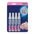 Blister pack of four OxiClean Baby on-the-go stain remover pens displayed on branded blue and pink card with product logo.