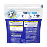 Back panel of OxiClean pouch showing usage instructions, icons for 101 ways to use and brand logo at top left
