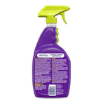 Rear view of a purple OxiClean bathroom cleaner spray bottle showing product text and barcode on the back