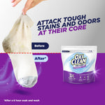 Before-and-after style image showing a dirty sock held above a clean-looking area beside an OxiClean Triple Action pouch.