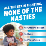 Blue panel infographic listing product benefits with child image and icons saying no chlorine bleach, no dyes, no phosphates