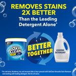 Promotional graphic claiming removes stains 2x better with OxiClean tub and generic detergent bottle and "Better Together" emblem