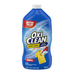 Blue OxiClean refill bottle with label showing yellow shirt graphic and 'Refill' banner on white background.