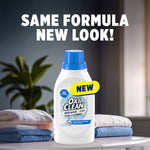 OxiClean White Revive bottle staged on folded towels with text overlay 'Same formula new look' and a 'NEW' badge