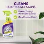 OxiClean bathroom cleaner bottle on a counter with text highlighting it cleans soap scum and stains