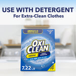 Product shot of OxiClean box in a blurred laundry room with headline 'Use with detergent for extra-clean clothes'