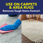 Lifestyle graphic showing gloved hand cleaning carpet and an area rug with headline use on carpets & area rugs