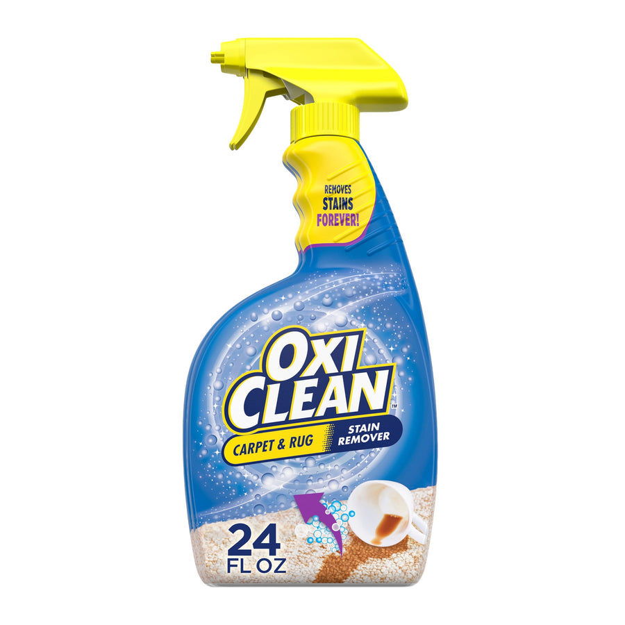 Blue OxiClean Carpet & Rug stain remover spray bottle with yellow trigger nozzle on white background